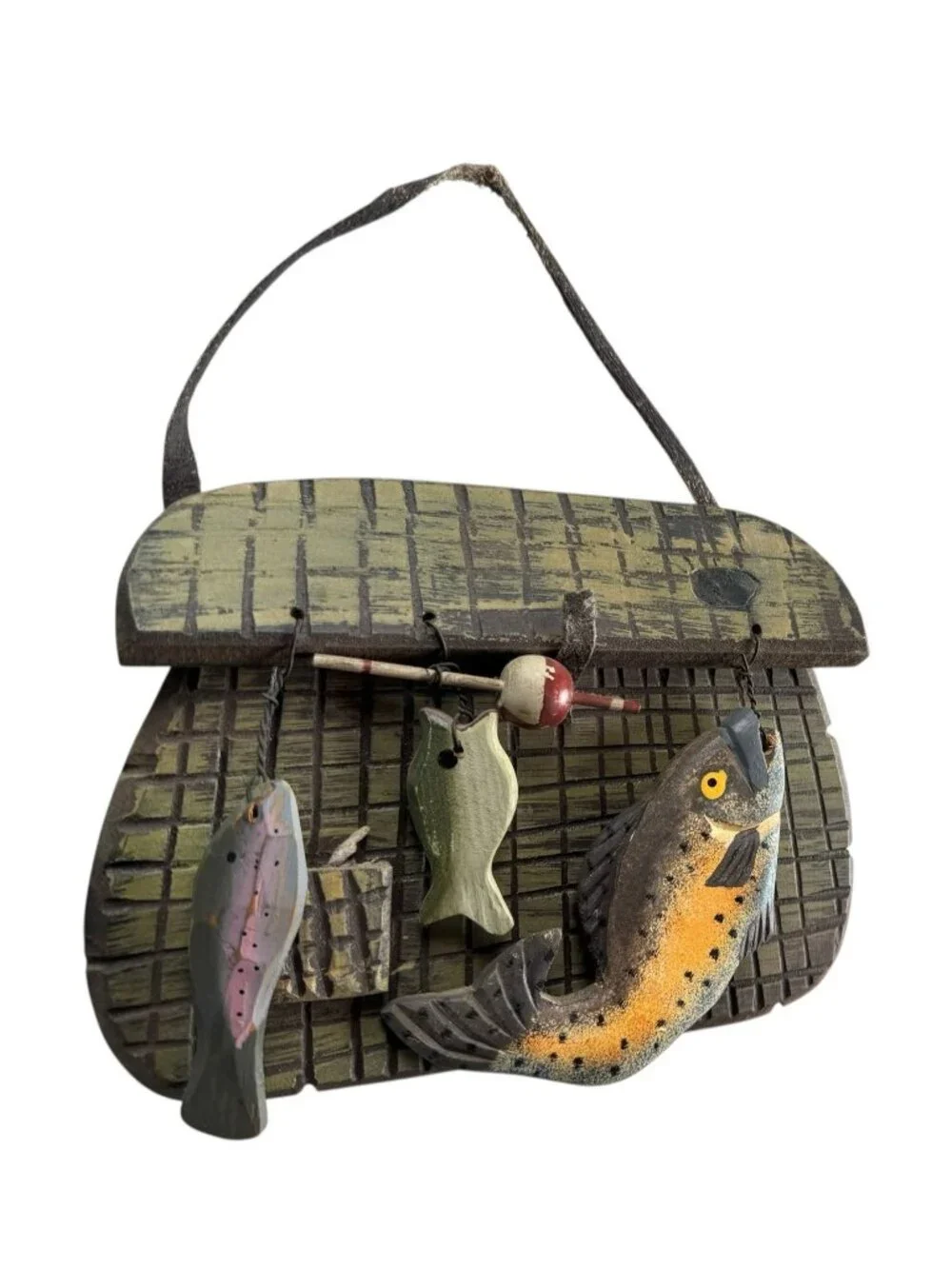 Vintage Fishing Basket Wall Decor With Fish & Tackle Accents Rustic Cabin Style